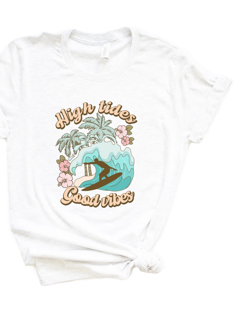 Front of a model wearing a size L High Tides Good Vibes Wave Short Sleeve Graphic Tee in White by Simply Sage Market. | dia_product_style_image_id:301165